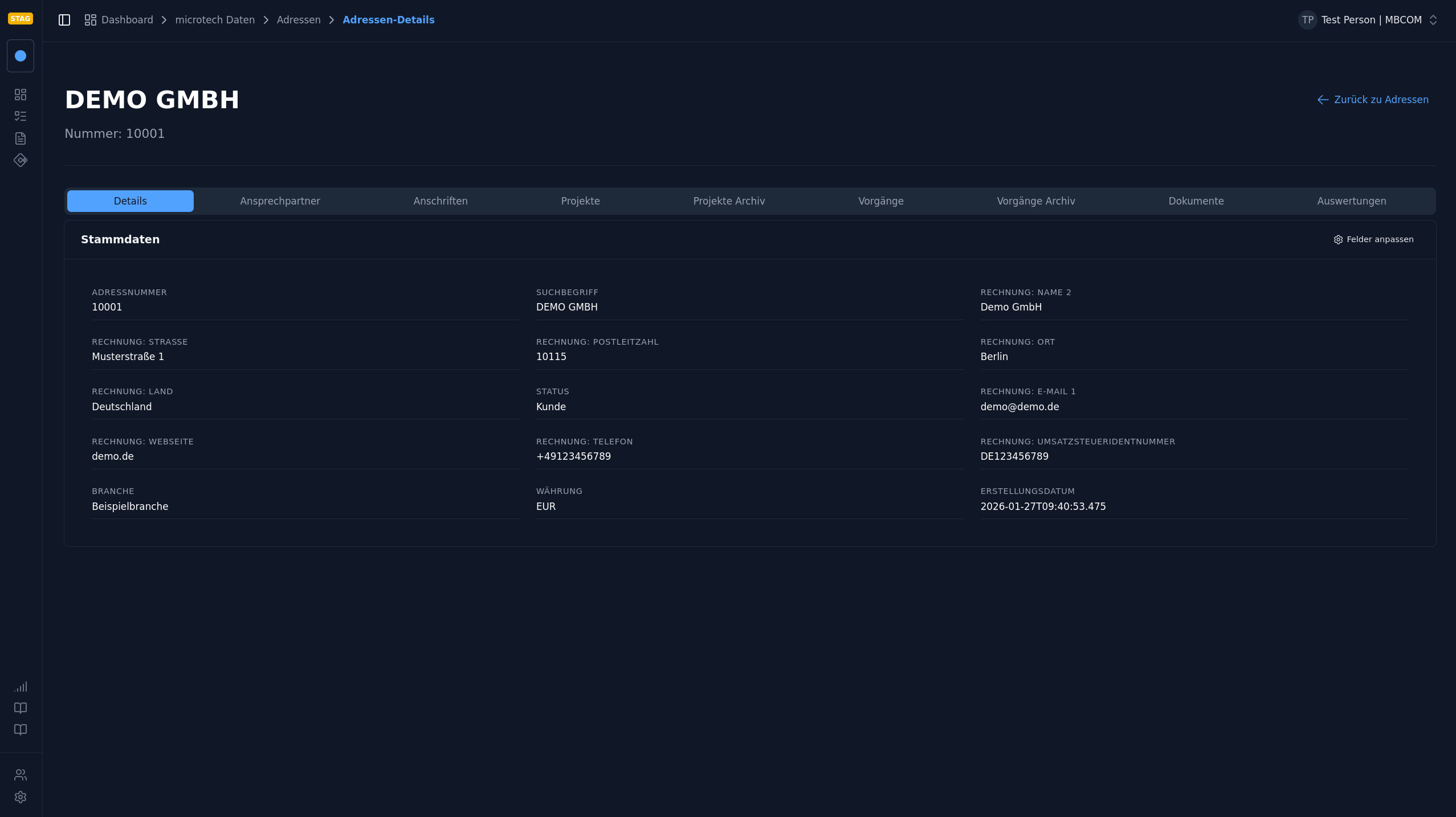 Detailansicht einer Adresse mit allen relevanten Informationen