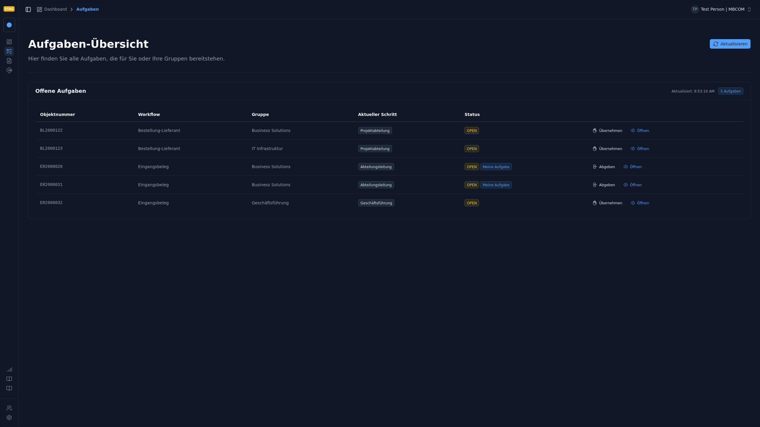 Übersicht aller anstehenden Workflow-Aufgaben